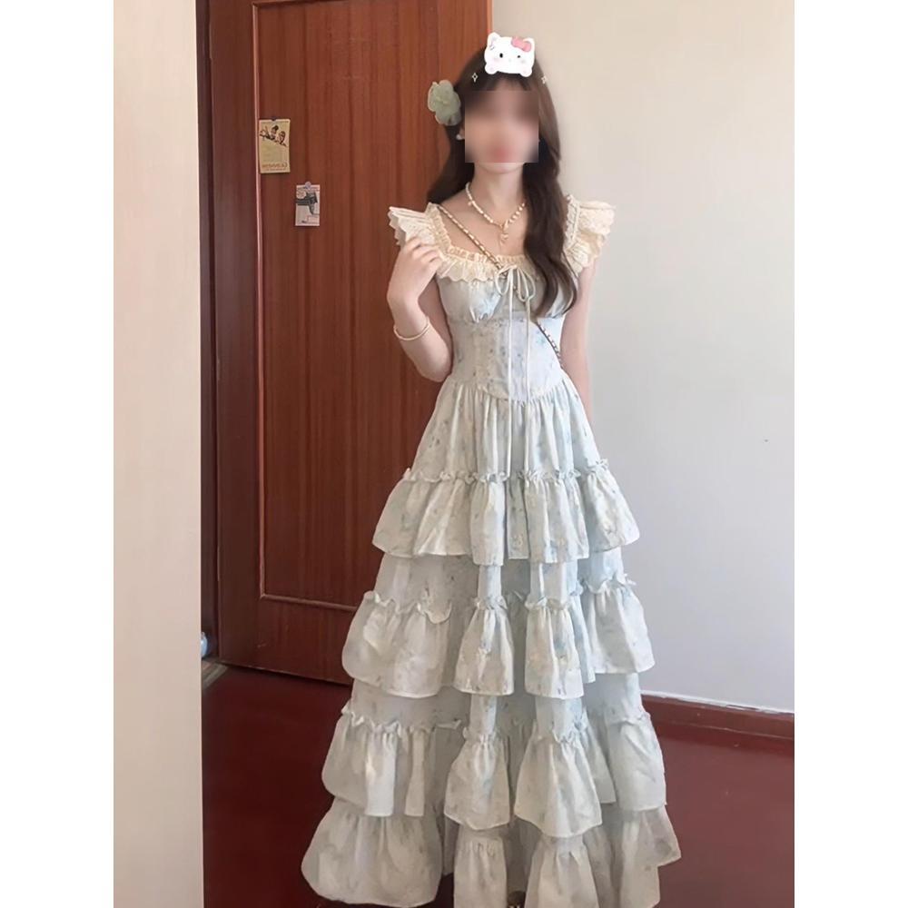 Sweet little fly sleeve floral dress female summer beautiful princess cake dress waist fairy long skirt