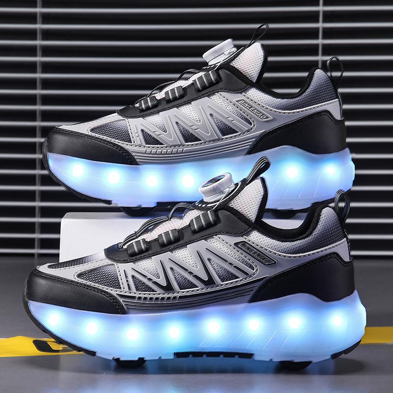 Chaussures de Sport à Lumières pour Enfants Chaussures à Roulettes Chargement et Démontage Chaussures à Roulettes à Quatre Roues LED Baskets Lumineuses pour Enfants