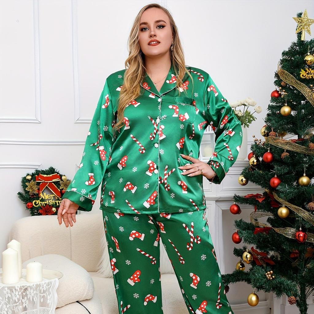 Plus Size 5XL 4XL Women's Christmas Pajama Set Two-Piece Sleepwear Loungewear Long Sleeve Top and Pants Pajama Set for Women Pijama Homewear