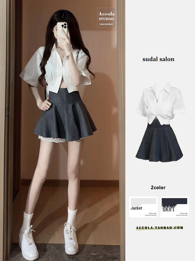 Summer French Chic Short Sleeve Shirt & High Waist Skort Set