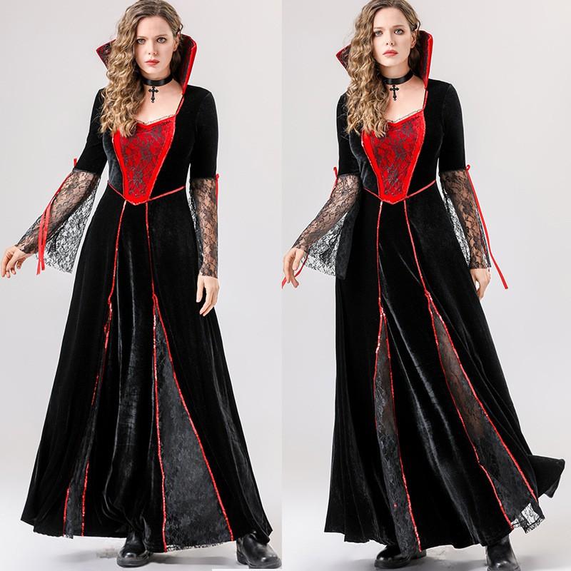 Womens Halloween Costume Vampire Witch Queen Dress Cosplay Outfit Black Gothic Fantasy Role Play