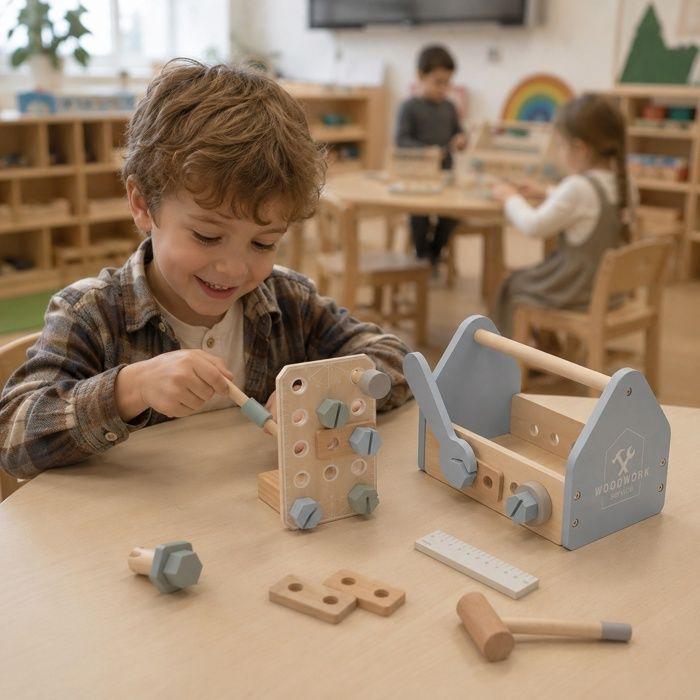 Coffret à outils enfant - GINGER HOME - Mini Atelier Enfant 22 Pièces - Bois/MDF - Bleu et bois - Portable 22x13x14 cm