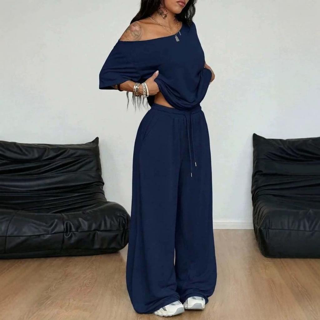 Women's Drop Shoulder Short Sleeve T-Shirts Loose Fit Wide Leg Pants Sets Casual Two Piece Outfits