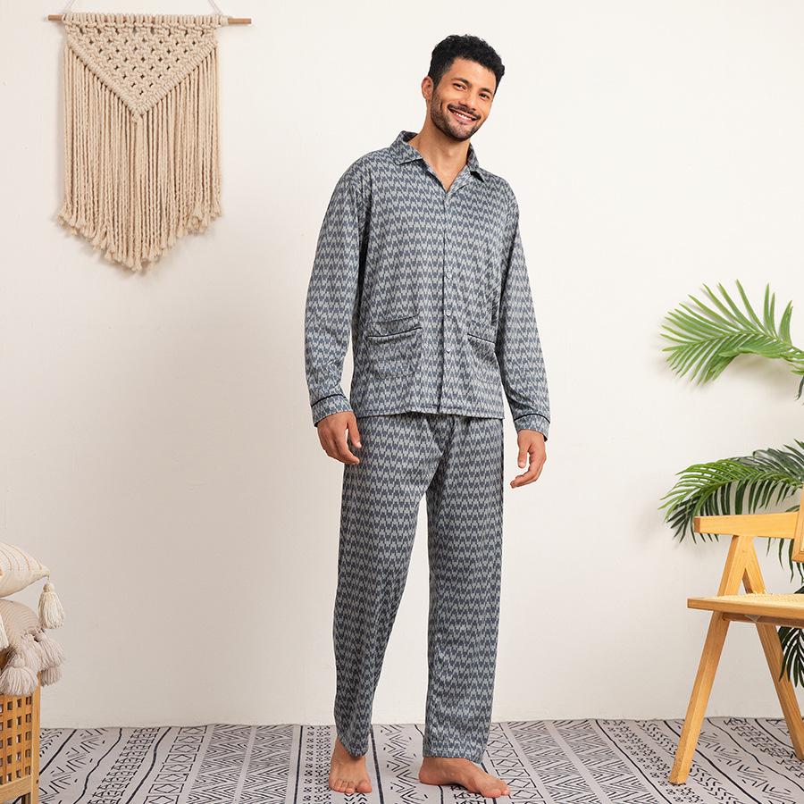 Men's Loose-Fit Pure Cotton Pajama Set: Long Sleeve Cardigan & Pants for Spring/Autumn