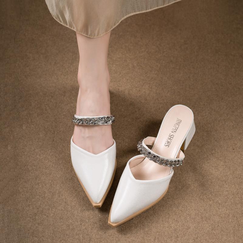 Chaussures Femme 2026 Pantoufles Talons Bout Couvert Luxe Pantoufle Haut Designer Été Nouveau Cuir Véritable Mode Pantoufles Femmes