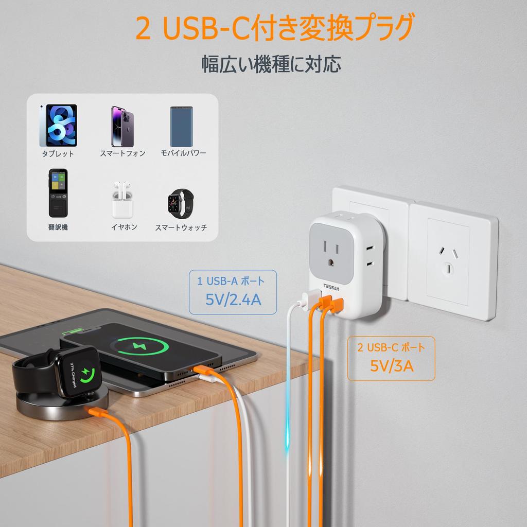 Tessan Australia 4 AC 2 and 1 Convenient Outlet Converter Plug for International Compatible with New and More Adapter, Outlets, USB-C USB-A Ports,
