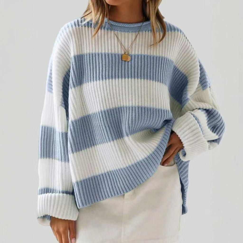 Women's Striped Neck Sweater with Long Bell Sleeves, Loose Fit Knit Pullover