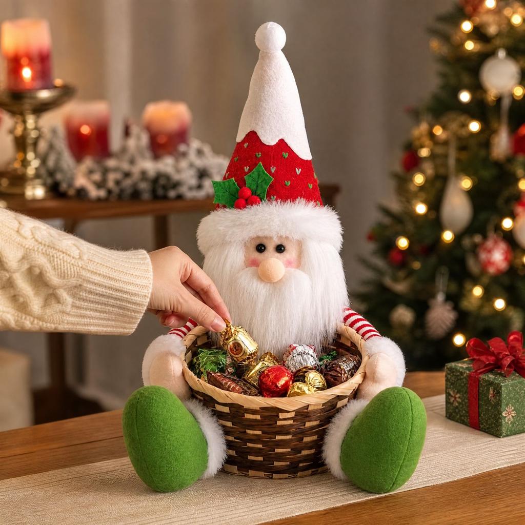 Christmas Woven Candy Basket with Santa and Snowman Figures, Desktop Storage Box for Holiday Party Decorations