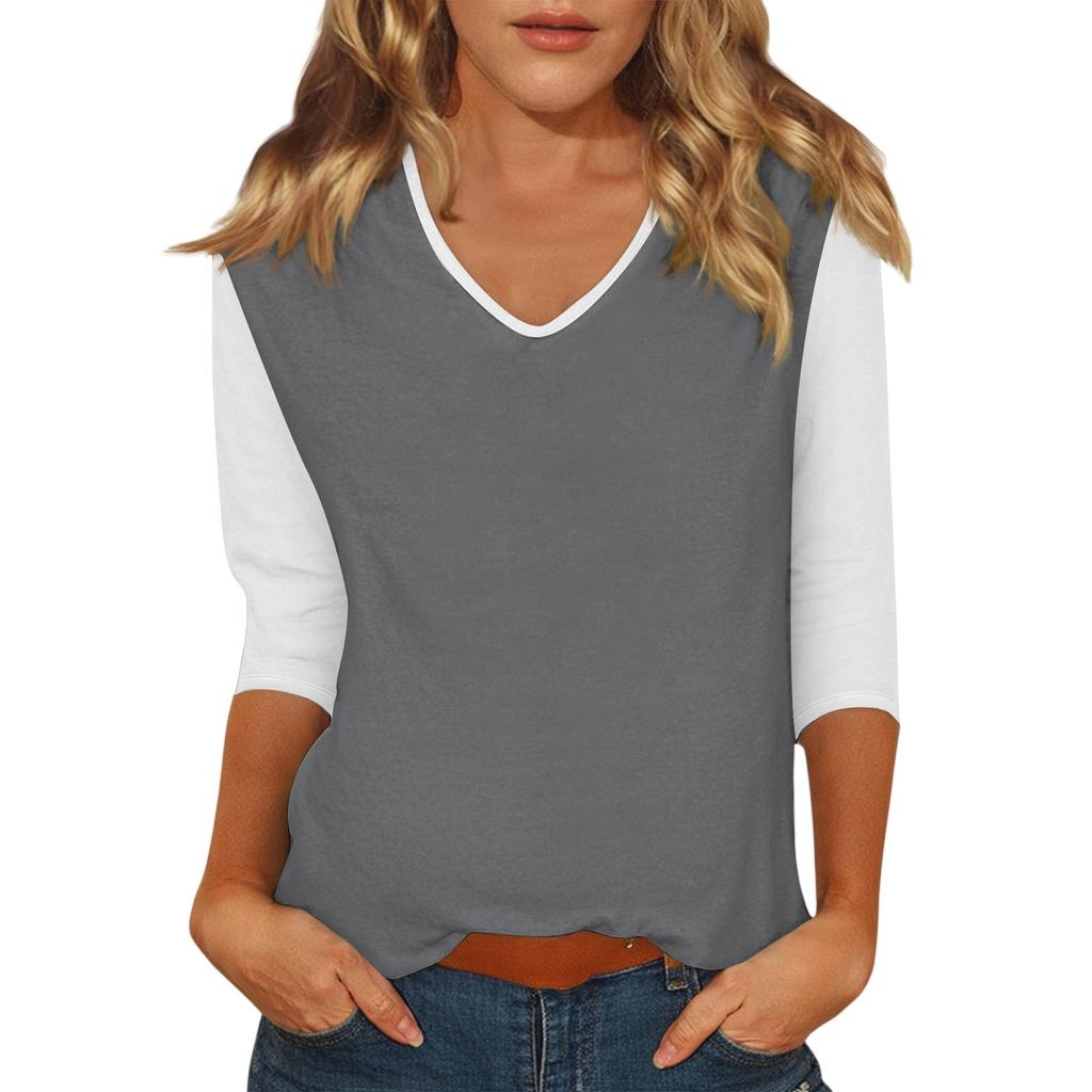 Damen Casual Mode Sexy Bequem V-Ausschnitt Farbblock Dreiviertelarm Top