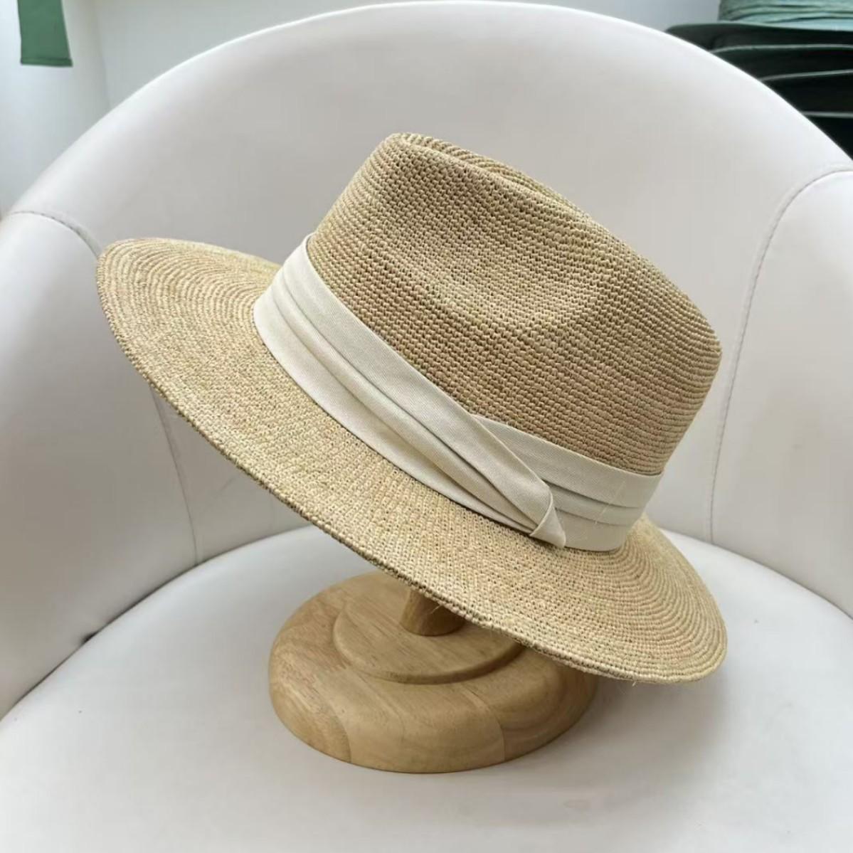 

High quality British raffia jazz hat summer retro Panama straw hat women s leisure vacation seaside sunshade top hat adjustable (55-58cm)