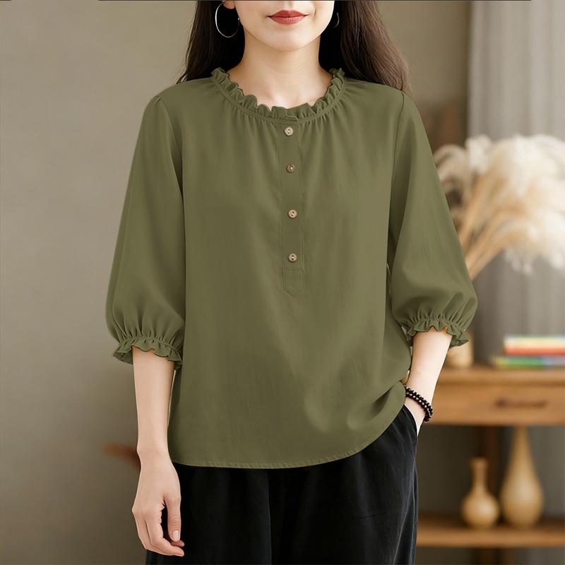 ZANZEA Women Casual Round Neck Solid Color 3/4 Sleeve Loose Blouse