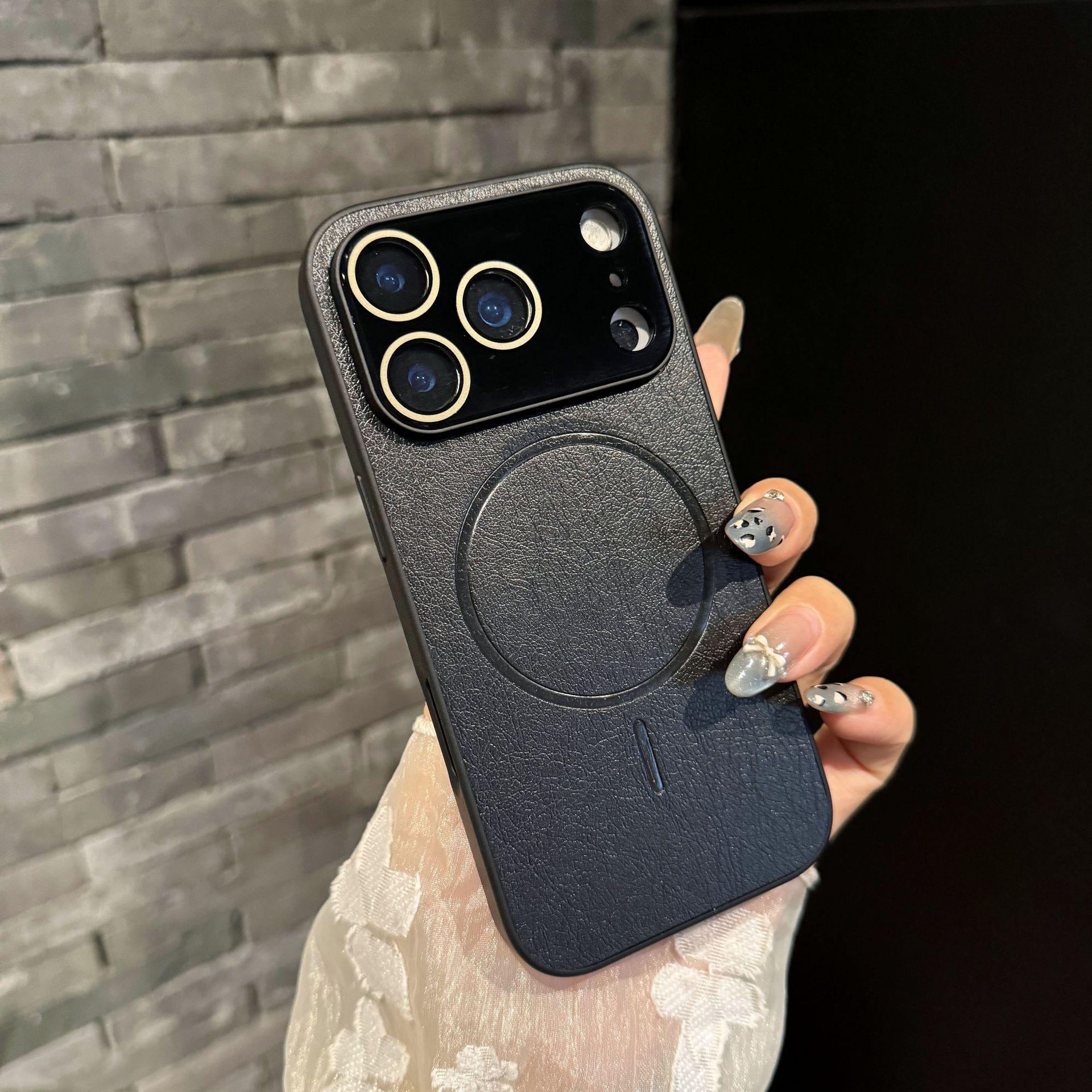 

Leather Texture Magnetic Ring Phone Case with Lens Film for iPhone 16 Pro Max iPhone 13 чорний