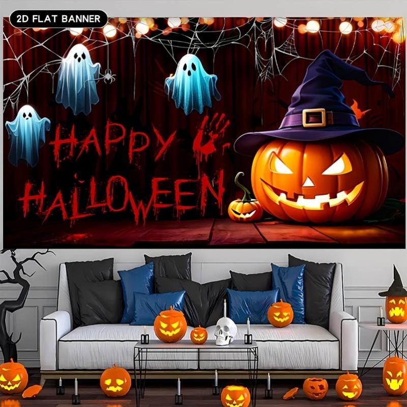 1pc Halloween Party Backdrop Banner - Scary Pumpkins, Ghosts and Spider Webs, Home Decoration