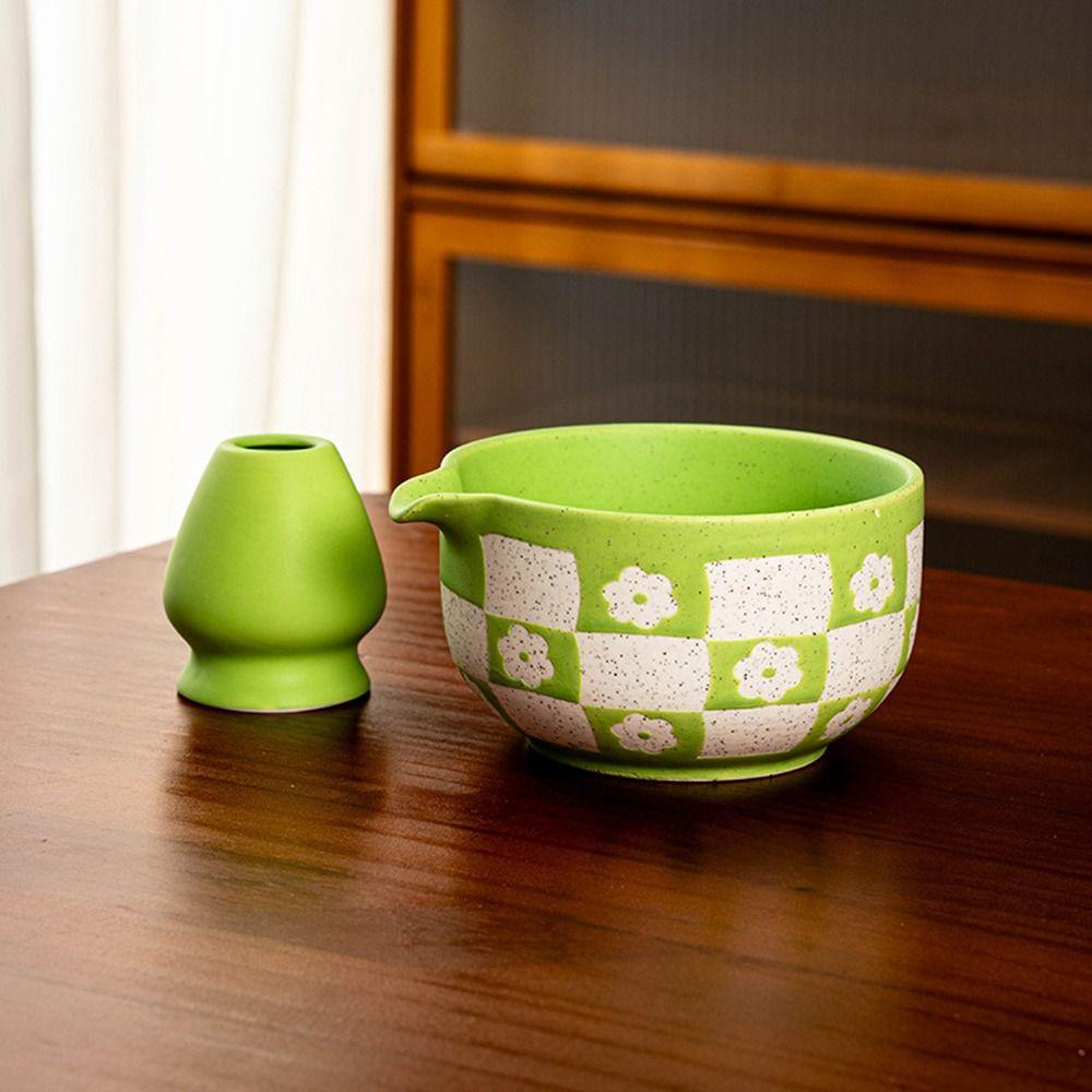 Checkered Sakura Pattern Matcha Whisk Stand Ceramic Green Tea Maker Cup for Tea Set Accessories
