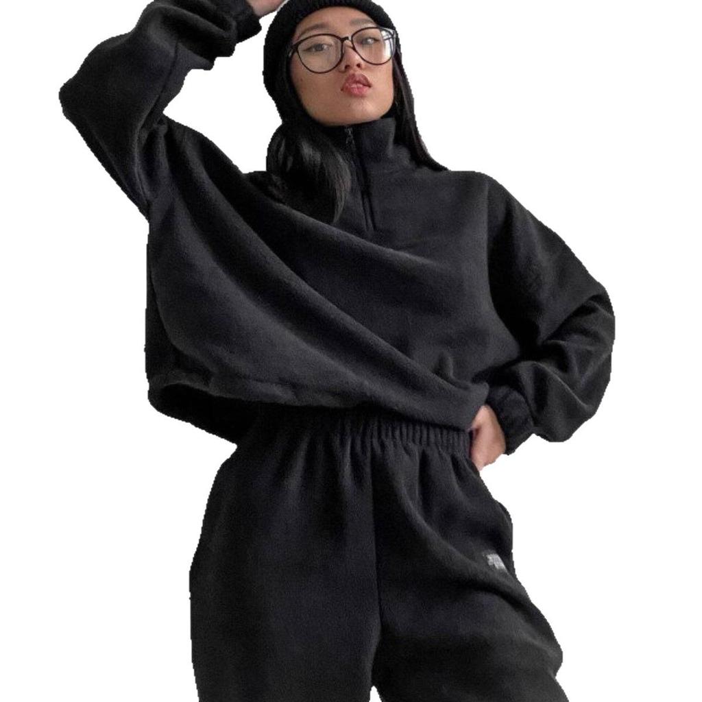 Women's Solid Color Loose Zipper Stand Collar Sweatshirt Casual 2-Piece Set - 2025 Spring/Autumn Collection