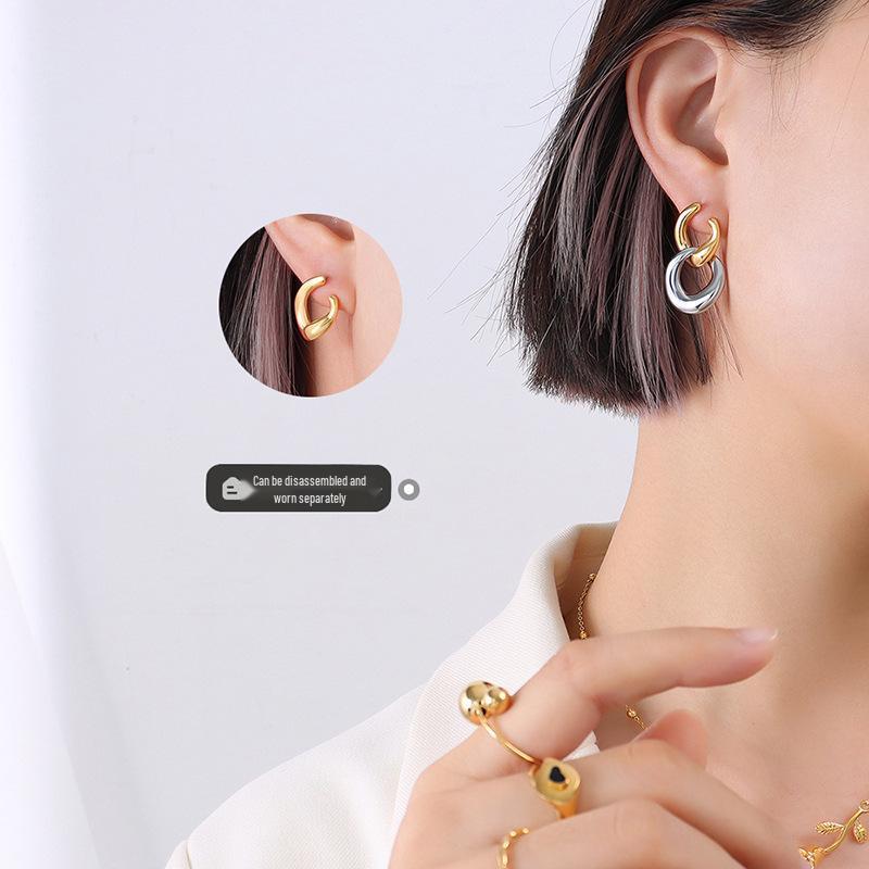 French-Inspired Trendy Double Ring Detachable Titanium Steel Stud Earrings, 18K Gold-Plated Jewelry F539.