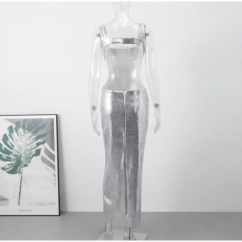 Sexy Sequins Backless Slip Maxi Dress Women Sleeveless Bodycon Hip Package Dresses Summer Party Evening Robe