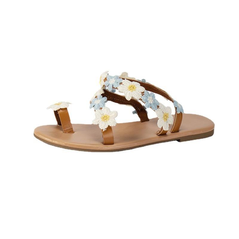 Foreign Trade Set of Toe Sandals 2025 Summer New Flat-bottomed Flower Flat-bottomed Beach Large-size Open-toed Women's Sandals