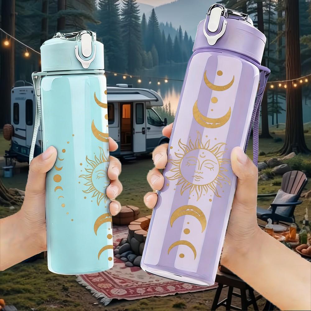 1PC Moon Sun Boho Mystical Celestial Art 750ml Color Plastic Sports Water Bottle Leakproof Flip Straw Lid Suitable for Sports Office Home Use