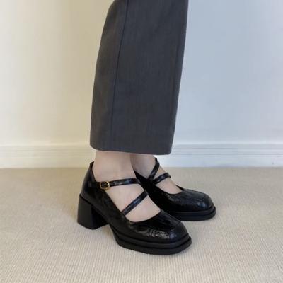 Sheepskin Version~ Retro Leather One-word Buckle Thick Heel High Heels Women's Spring Square Head Mary Jane Shoes Platform Single Shoes Ladyshoes