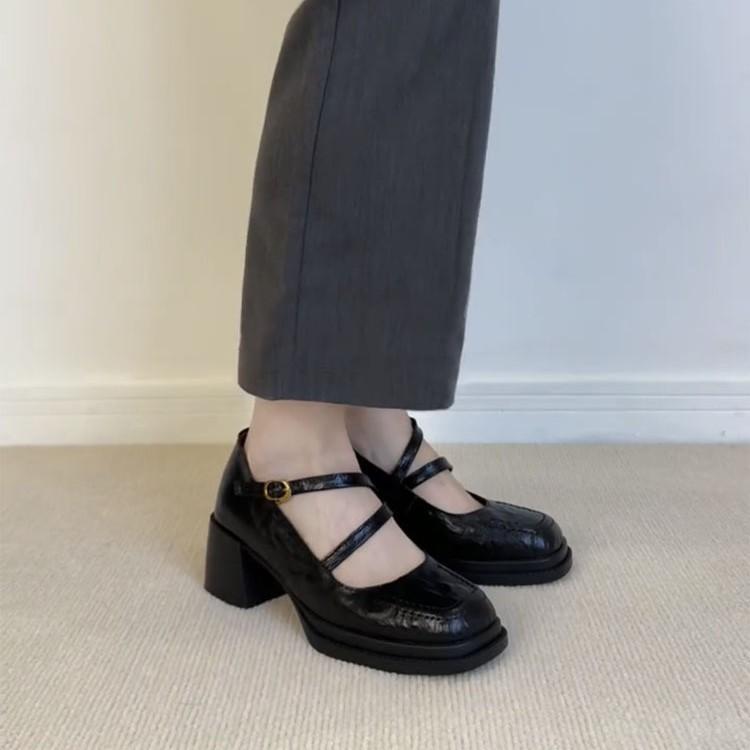 

Sheepskin version~ retro leather one-word buckle thick heel high heels women s spring square head Mary Jane shoes platform single shoes ladyshoes 35 чорний