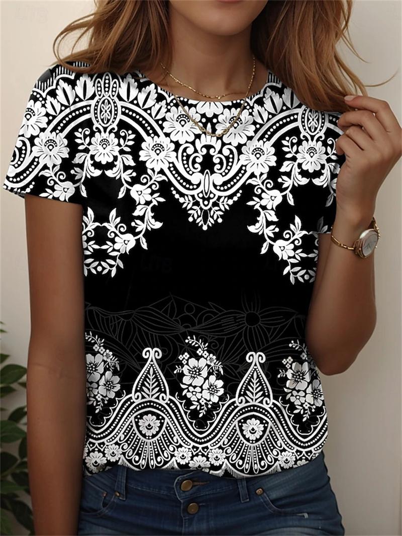 Retro Women s Flower Graphic T-Shirt 3D Prints Short Sleeve Tees Tops O-Neck Short Seeve Shirt Summer Casual Women s Clothing 5XL