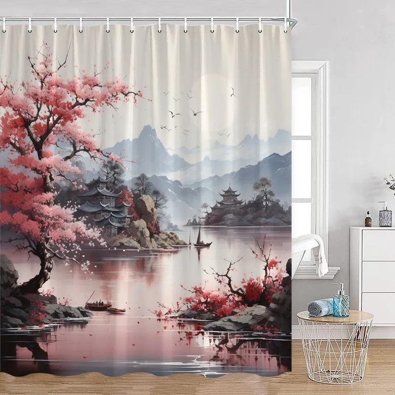 Japanese Style Flowers Bird Shower Curtain Beautiful Girl Red Floral Abstract Mountain Ink Art Landscape Decor Bathroom Curtains