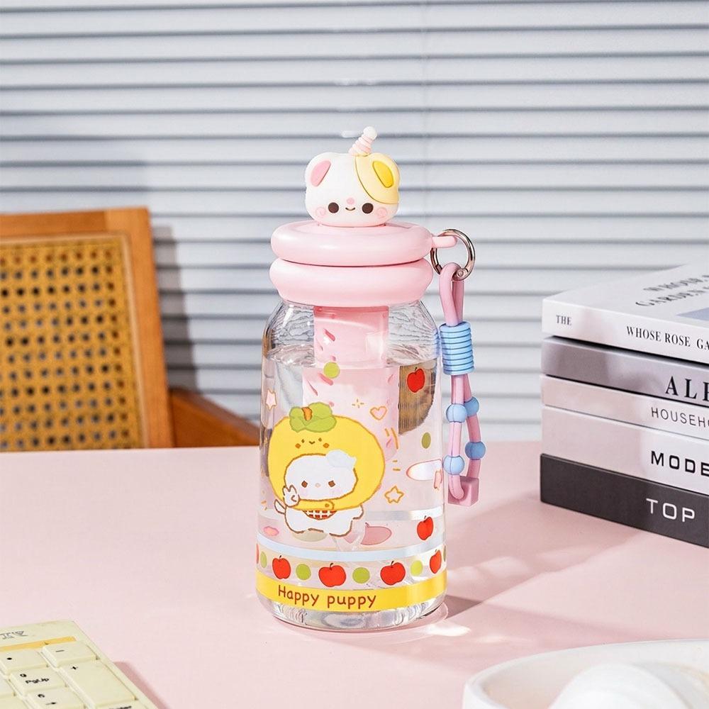 Cartoon Plastic Water Bottle 600ml with Handle Drinking Bottle Leakproof Straw Cup Summer