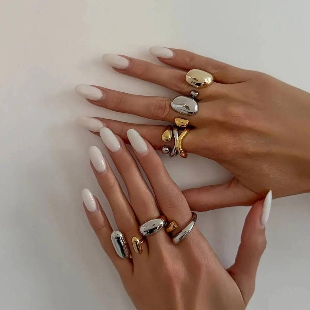 SHIXIN 7Pcs Trendy Geometric Mix Color Stainless Steel Finger Rings Women Punk Smooth Surface Irregular Adjustable Ring Jewelry