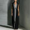 Ärmelloses Damenkleid Stehkragen V-Ausschnitt Langes Kleid Lockere Passform Polyester Elegantes Kleid mit geometrischen Mustern Bedruckt Tägliches Outfit