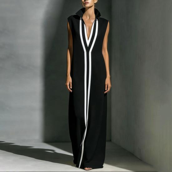 Ärmelloses Damenkleid Stehkragen V-Ausschnitt Langes Kleid Lockere Passform Polyester Elegantes Kleid mit geometrischen Mustern Bedruckt Tägliches Outfit
