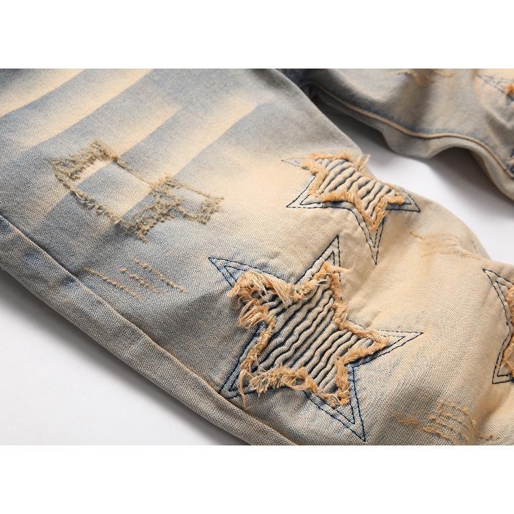 European And American Style Youth Embroidery Retro Flanging Fashionable Elastic Denim Pants