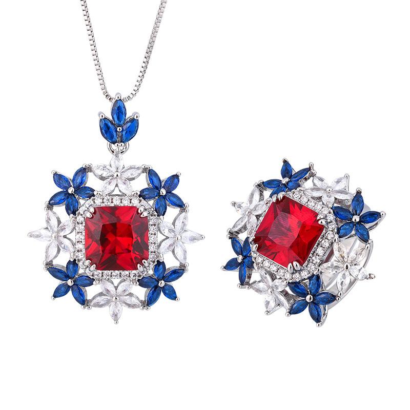 Jewelry Copper Bottom Gold Plated Jewelry Set Simulation Red Corundum Emerald Flower Set Female 10 * 10