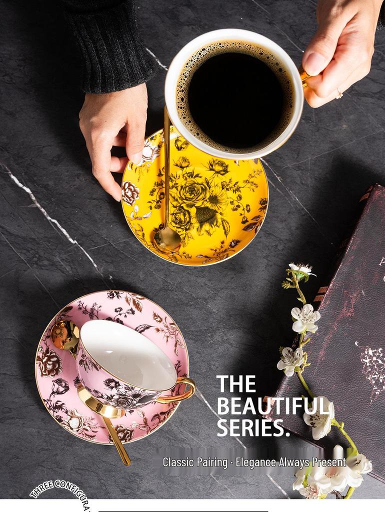 European Luxury Gold-Rim Bone China Coffee Cup - Four Seasons Ink Design