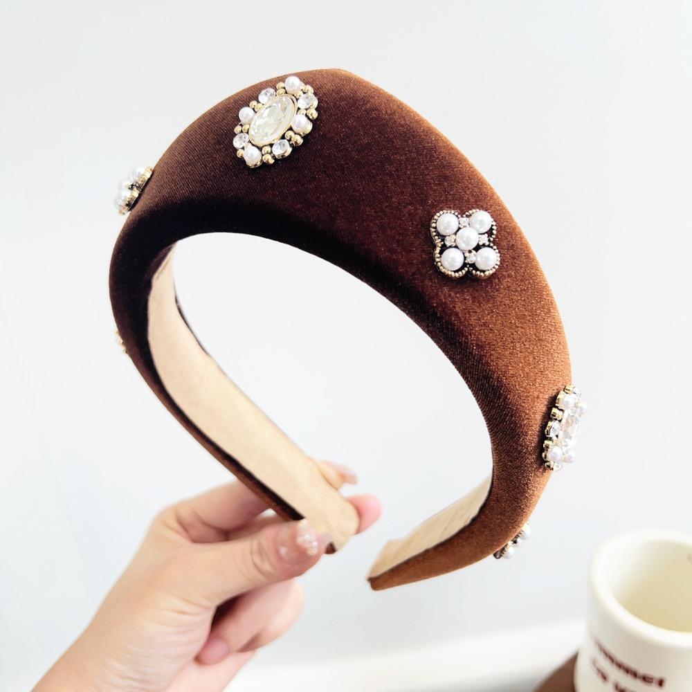 British Velvet Triangle Headband Baroque Rhinestone Pearls Hairband Retro Crown Hair Hoop  Banquet кофейный