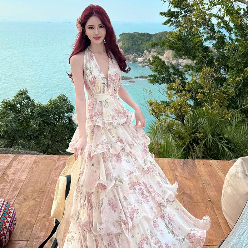 French holiday dress female pure desire sexy halter neck chiffon printed cake long dress temperament birthday dress S