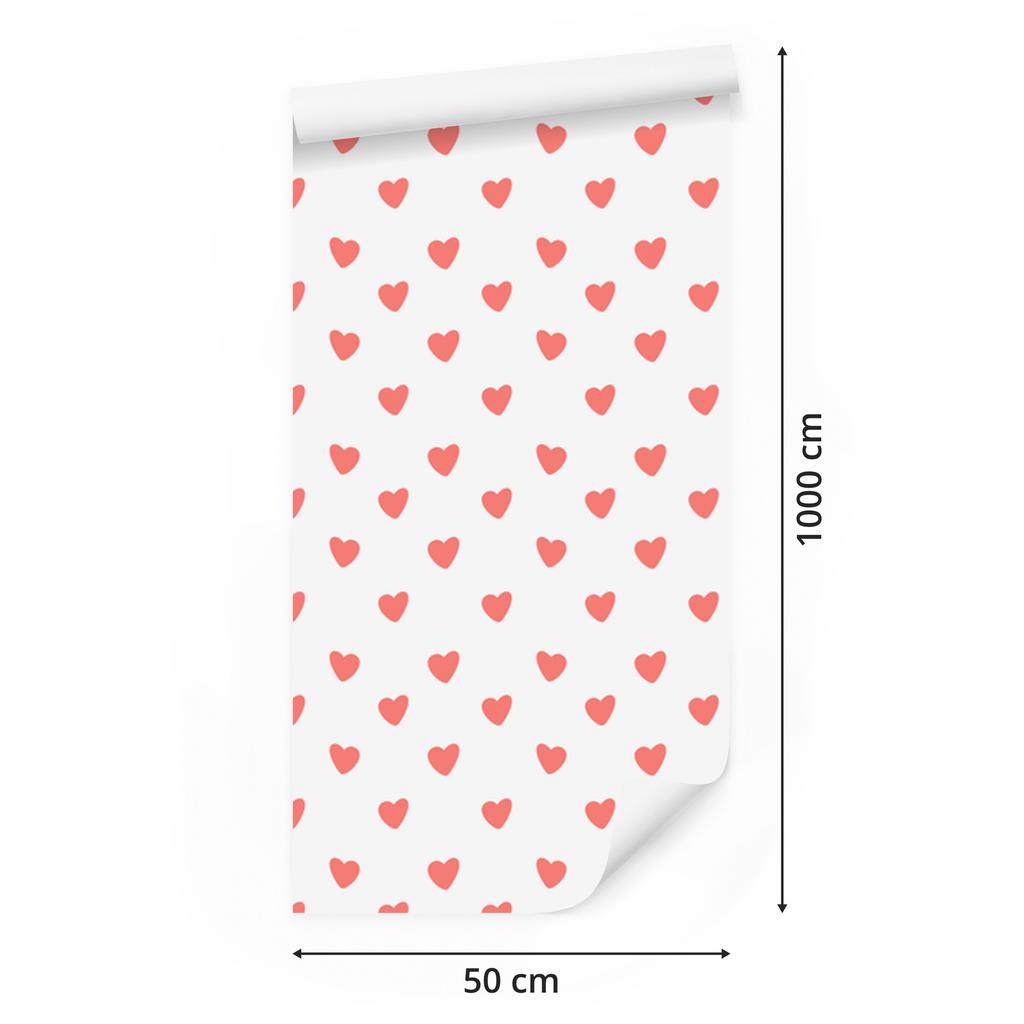 Hearts Wallpaper White and Coral 50x1000