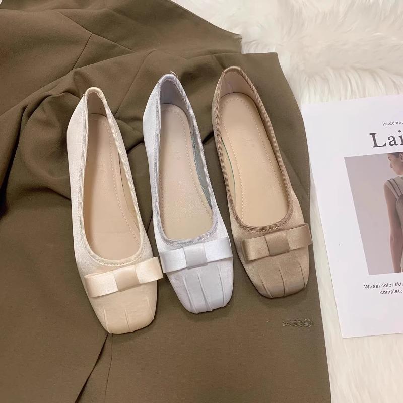 Fashion Flat Shoes for Women Spring  Autumn 2024 New Square Toe Silk Shallow Bow  Scoop Shoes Large Size 42 43 44  Ladies Shoes Women