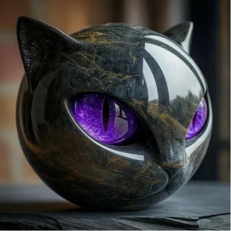 Black Cat Stone Sculpture Figurine – Handcrafted Marble-Look Resin Statue with Amber Eyes Elegant Shelf Decor for Home