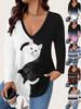 Plus Size V-Neck Cat Print Color Block Long Sleeve Top for Women - Black & White