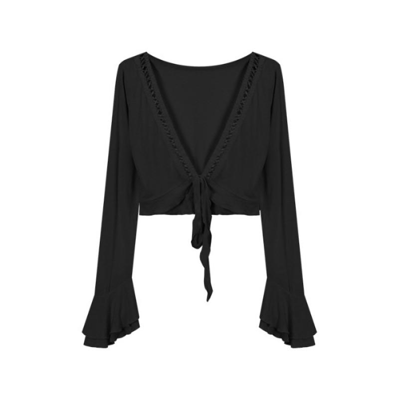 Womens Short Cropped V-Neck Long Sleeve Top With Cut-Out Details Flare Sleeves Modal Fabric Slim Fit Black