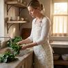 Canvas Apron with Floral Print Breathable Adjustable Straps Cooking Apron Water-Resistant Oil-Proof Kitchen Apron for Cooking Baking Gardening