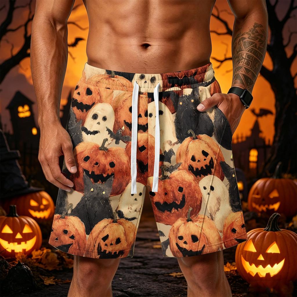 Men's Loose Fit Halloween Themed Athletic Shorts with Elastic Waistband and Multiple Pockets Casual Sportwear Bottoms for Outdoor Activities