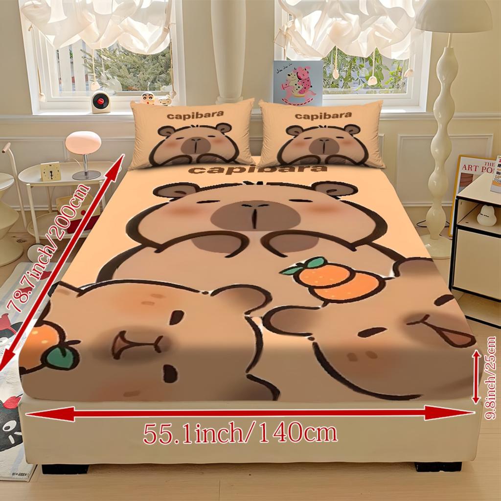 3PCs Cute Capybara Polyester Sheet Soft Digital Cartoon Print Fitted Sheet With 2 Pillowcases Birthday Gifts For Kids Bedroom