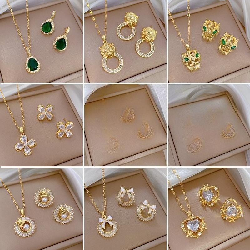 Luxury Shiny Zircon Flower Geometric Series Necklace Drop Earrings for Women Stainless Steel Chain Fashion Jewelry Set Gifts