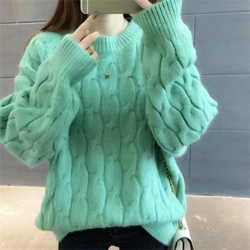 Winter Women's Sweater Women's Loose Pullover Thickened Round Neck Fried Dough Twists Knit