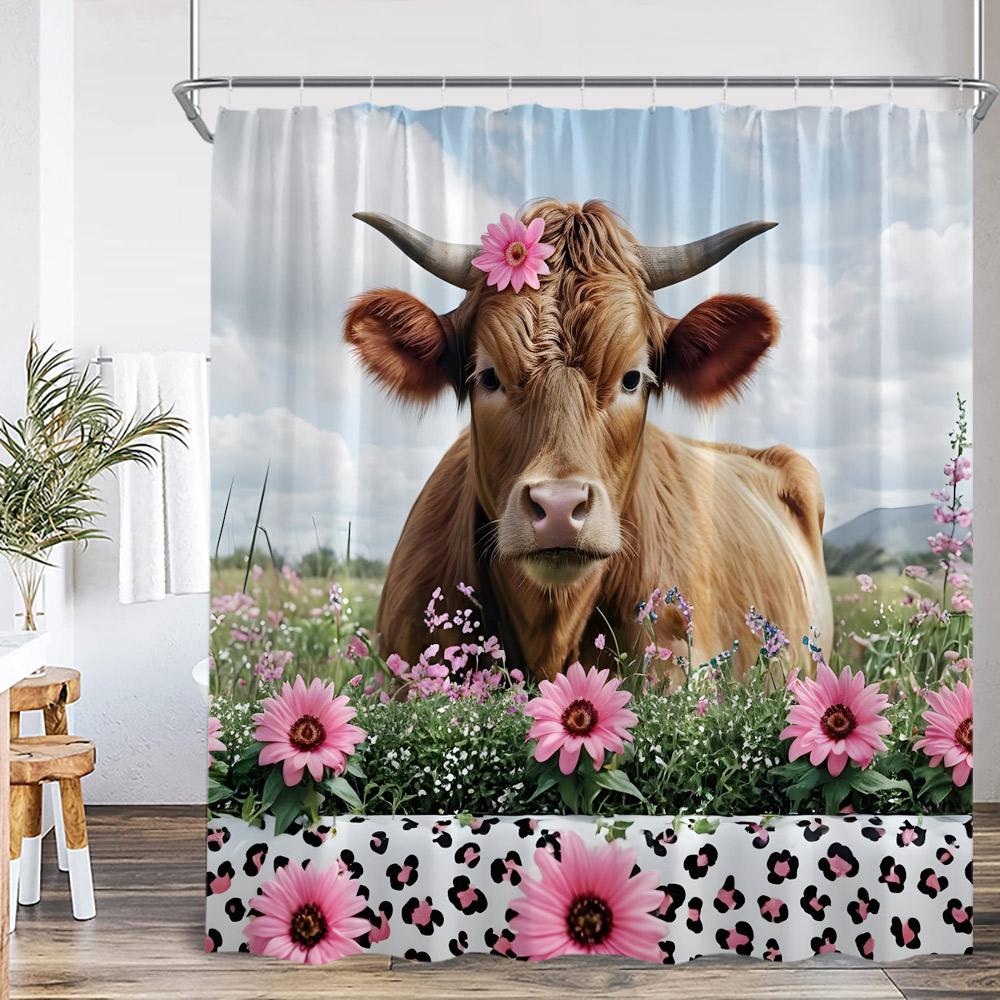 Highland Cow Farmland Shower Curtains Countryside Scenery Funny Animals Bathroom Decorations Grassland Polyester Bath Curtain