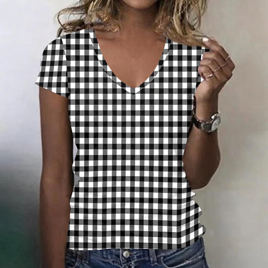 Women’s Fashionable Casual V-neck Short-sleeved Check Print Slim-fit Lightweight T-shirt Top