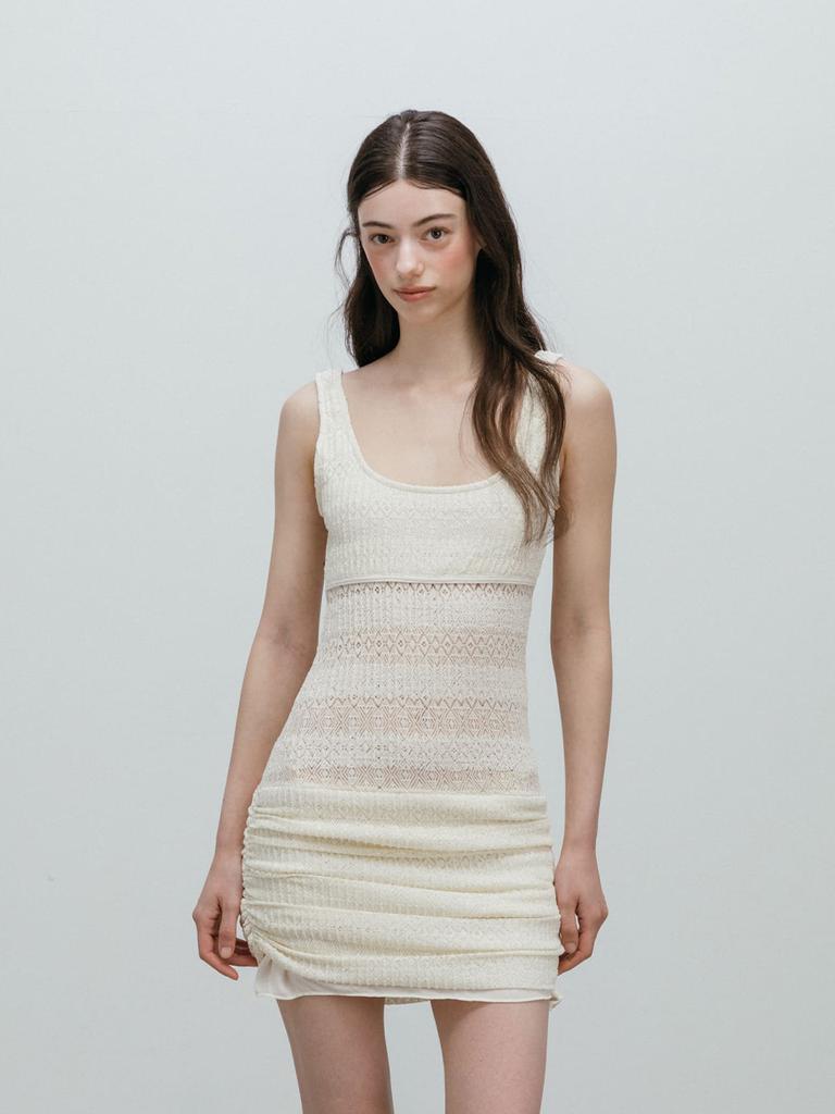 Moi Fair Crochet Shirring Mini Dress / Ivory