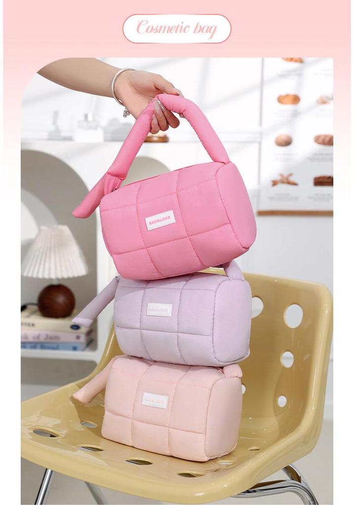 Candy Color Puff Handbag: Women's Large Capacity Makeup Storage Bag
